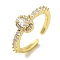 Rack Plating Brass Micro Pave Cubic Zirconia Cuff Rings, Long-Lasting Plated, Lead Free & Cadmium Free, Oval, Real 18K Gold Plated, Adjustable