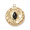 304 Stainless Steel Pendants, with Enamel, Golden, Textured, Flat Round with Eye, Black, 17x15x4.5mm, Hole: 1.5mm