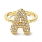 Rack Plating Letter Brass Micro Pave Clear Cubic Zirconia Adjustable Rings for Women, Real 18K Gold Plated, Letter A, 15x11.5mm, Inner Diameter: 17mm