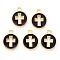 Light Gold Plated Alloy Enamel Pendants, Flat Round with Cross, Black, 15x12x1.5mm, Hole: 1.6mm