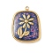 304 Stainless Steel Epoxy Resin with Natural Shell and Sequins Inside Pendants, Rectangle with Flower Charms, Real 18K Gold Plated, PVD Vacuum Plating, Purple, 23x18x3mm, Hole: 1.5mm