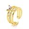 Violet Cubic Zirconia Butterfly Open Cuff Ring, Rack Plating Brass Triple Line Wide Ring for Women, Cadmium Free & Lead Free, Real 18K Gold Plated, US Size 8 1/2(18.5mm)