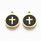 304 Stainless Steel Charms, with Black Acrylic, Flat Round with Cross, Golden, 12x10x1.5mm, Hole: 1.2mm