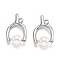 Wishbone Shape Brass Pendants, with Shell Pearl Beads, Real Platinum Plated, 17x11x5mm, Hole: 1mm