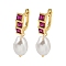 Rack Plating Brass Micro Pave Cubic Zirconia Hoop Earring, Cadmium Free & Lead Free, Long-Lasting Plated, with ABS Imitation Pearl, Real 18K Gold Plated, Oval, Fuchsia, 34x11mm