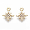 Brass Micro Pave Cubic Zirconia Charms, Nickel Free, Eight Pointed Star, Clear, Real 18K Gold Plated, 11x9x1mm, Hole: 1mm