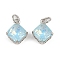 Brass Pave Cubic Zirconia Pendants, Rhombus Charms, with Glass & Jump Ring, Rack Plating, Lead Free & Cadmium Free, Long-Lasting Plated, Platinum, 13.5x11x6.5mm, Hole: 3.4mm