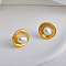 Flat Round Brass & Freshwater Pearl Stud Earrings for Women, Matte Gold Color, 14x14mm