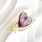 Heart Brass Natural Amethyst Finger Rings, Long-Lasting Plated, 20x18mm, Inner Diameter: 18mm