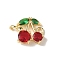Brass Pave Green and Dark Red Cubic Zirconia Cherry Connector Charms, Fruit Links, Rack Plating, Long-Lasting Plated, Cadmium Free & Lead Free, Real 16K Gold Plated, 11x13.5x4mm, Hole: 1.4mm