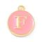 Golden Plated Alloy Enamel Charms, Enamelled Sequins, Flat Round with Alphabet, Letter.F, Pink, 14x12x2mm, Hole: 1.5mm