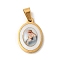 Ion Plating(IP) 304 Stainless Steel Pendants, with Pave Shell, Oval with Saint Charm, Golden, Light Blue, 21x14x3mm, Hole: 6x3mm