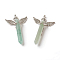Natural Green Aventurine Big Pendants, with Rhinestone and Brass Findings, Angel with Bullet, Platinum, 53.5~56x34x9.5~10.5mm, Hole: 2mm