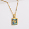 304 Stainless Steel Pave Natural Paua Shell Rectangle Initial Pendant Necklaces for Women, Real 18K Gold Plated, Letter W, 17.72 inch(45cm)