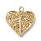 Brass Filigree Pendants, Long-Lasting Plated, HeartPlated, Heart, Real 18K Gold Plated, 17x19x2mm, Hole: 3.2mm