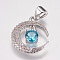 Brass Micro Pave Cubic Zirconia Pendants, Moon, Deep Sky Blue, Platinum, 16.5x14.5x3mm, Hole: 3x4mm