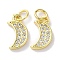 Rack Plating Brass Micro Pave Cubic Zirconia Pendants, Long-Lasting Plated, Lead Free & Cadmium Free, Moon, Real 18K Gold Plated, 12.5x7x2mm, Hole: 3.4mm