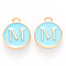 Golden Plated Alloy Enamel Charms, Cadmium Free & Lead Free, Enamelled Sequins, Flat Round, Sky Blue, Letter.M, 14x12x2mm, Hole: 1.5mm