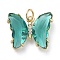 Brass Micro Pave Clear Cubic Zirconia Pendant, with Glass, Butterfly, Golden, Teal, 15x19x4.5mm, Hole: 3.5mm