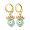 Real 18K Gold Plated Brass Dangle Leverback Earrings, with Enamel and Cubic Zirconia, Heart with Evil Eye, Cyan, 30x11mm