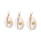 Copper Wire Wrapped Natural Cowrie Shell Pendants, with Brass Slices, Golden, Sun, 24~28x12~15.5x7~8.5mm, Hole: 2.6mm