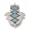 Brass Micro Pave Cubic Zirconia Links, Cadmium Free & Lead Free, Hamsa Hand/Hand of Fatima /Hand of Miriam, Light Sky Blue, Platinum, 28x22x2mm, Hole: 1mm