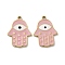 Ion Plating(IP) 316L Surgical Stainless Steel Pendants, Nickel Free, with Enamel, Real 18K Gold Plated, Hamsa Hand with Eye Charm, Pink, 18.5x14x1.5mm, Hole: 1.2mm