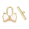 Brass Toggle Clasps, Cadmium Free & Nickel Free & Lead Free, with Shell, Bowknot, Real 18K Gold Plated, 15x13x2mm, Hole: 1.2mm, Bar: 4.5x14.5~18.5x2mm, Hole: 1~1.8mm