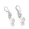 Shell Pearl Dangle Earrings, with Cubic Zirconia teardrop, Beads and Brass Earring Hook, Round, Platinum, 40mm, Pin: 1mm
