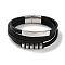 Men's Braided Black PU Leather Cord Multi-Strand Bracelets, Rectangle 201 Stainless Steel Link Bracelets with 304 Stainless Steel Magnetic Clasps, Stainless Steel Color, 8-5/8 inch(21.8cm)