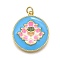 Brass Enamel Pendants, with Jump Ring, Cadmium Free & Lead Free, Long-Lasting Plated, Real 18K Gold Plated, Rack Plating, Flat Round with Lotus Charm, Deep Sky Blue, 24.5x22x5.5mm, Hole: 3.5mm