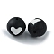 Food Grade Eco-Friendly Silicone Beads, Round with Heart, White, 14.5~15mm, Hole: 2mm