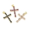 Rack Plating Brass Micro Pave Cubic Zirconia Pendants, Cross, Real 18K Gold Plated, Long-Lasting Plated, Cadmium Free & Lead Free, Mixed Color, 30x19.5x3.5mm, Hole: 4x3mm