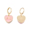 Heart with Word Love Enamel Dangle Leverback Earrings, Real 18K Gold Plated Brass Jewelry for Women, Cadmium Free & Nickel Free & Lead Free, Pink, 28mm, Pin: 1mm