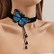 Gothic Alloy Rhinestone Black Lace Blue Butterfly Choker Necklaces for Women, Jet, 13.39 inch(34cm)