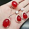 925 Sterling Silver Micro Pave Clear Cubic Zirconia with Natural Chalcedony Pendant Necklaces & Dangle Earrings & Rings Sets, Platinum, Oval, Red, 400mm