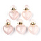 Natural Rose Quartz Pendants, Openable Perfume Bottle, with Golden Tone Brass Findings, Heart, 33~34.5x22.5x12.5~13.5mm, Hole: 1.8mm, Bottle Capacity: 1ml(0.034 fl. oz)
