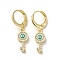 Key with Evil Eye Real 18K Gold Plated Brass Dangle Leverback Earrings, with Enamel and Cubic Zirconia, Dark Turquoise, 29.5x7mm
