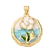 Flower Brass Enamel Pendants, with ABS Plastic Imitation Pearl, Cadmium Free & Lead Free, Real 18K Gold Plated, Rack Plating, Long-Lasting Plated, Flat Round, 23x20x7.5mm, Hole: 3.5x4.5mm