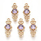 Golden Tone Brass Links Connectors, Nickel Free, with Glass, Rhombus, Violet, 16x6.5x3.5mm, Hole: 1mm