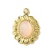 Ion Plating(IP) Real 14K Gold Plated 304 Stainless Steel with Glass Pendant, Oval Flower Charms, Misty Rose, 18x13x3.5mm, Hole: 1.6mm