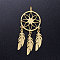 201 Stainless Steel Pendants, with Jump Rings, Woven Net/Web with Feather, Golden, 46x20x1mm, Hole: 3mm, Ring: 5x0.8mm