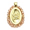 Brass with Glass Pendants, Cadmium Free & Lead Free, Real 18K Gold Plated, Oval with Angel Pattern, Chocolate, 25~26x19~19.5x3~3.5mm, Hole: 3x3.5mm