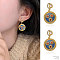 Flat Round with Flower Alloy Rhinestone Dangle Stud Earrings, Golden, 38.5x21mm