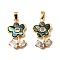 Brass Pave Clear Cubic Zirconia Pendants, Flower Charms, with Paua Shell, Real 18K Gold Plated, 21x13x3.5mm, Hole: 4.5x2mm