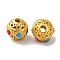Long-Lasting Plated Brass Beads, with Enamel, Round with Flower, Matte Gold Color, 10.2x9.5mm, Hole: 2.6mm