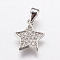 Brass Micro Pave Cubic Zirconia Charm, Star, Platinum, 11.5x10x2mm, Hole: 2.5x3mm