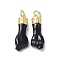 Eco-Friendly Rack Plating Brass Enamel Pendants, Long-Lasting Plated, Real 18K Gold Plated, with Jump Ring, Hand Charm, Black, 20x7x4.5mm, Jump Ring: 5x0.8mm, 3.4mm Inner Diameter