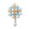 Glass Seed Beaded Flower Pendants, with Glass Pearl Beads & 304 Stainless Steel Jump Rings, Real 18K Gold Plated, Light Sky Blue, 32x20x6.5mm, Hole: 3mm