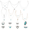15Pcs 15 Style Oval & Teardrop & Feather Synthetic Turquoise Pendants Multi-layer Necklaces & Finger Rings, Alloy Retro Jewelry Set for Women, Mixed Color, 322~483mm, Inner Diameter: 16~18mm